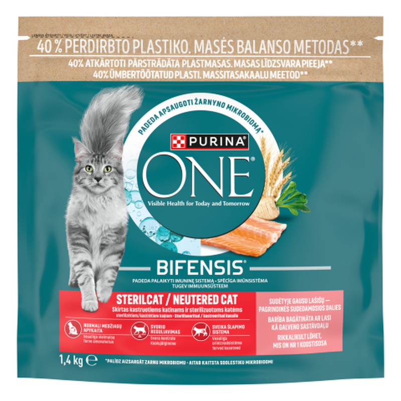 Kassitoit steriliseeritud kassidele lõhe ja nisuga Purina One 1,4kg