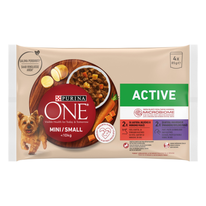 Koerasööt märg Purina One Mini/Small Active veise, kartuli ja porgandiga ning pardi, pasta ja roheliste ubadega kastmes 4x85g
