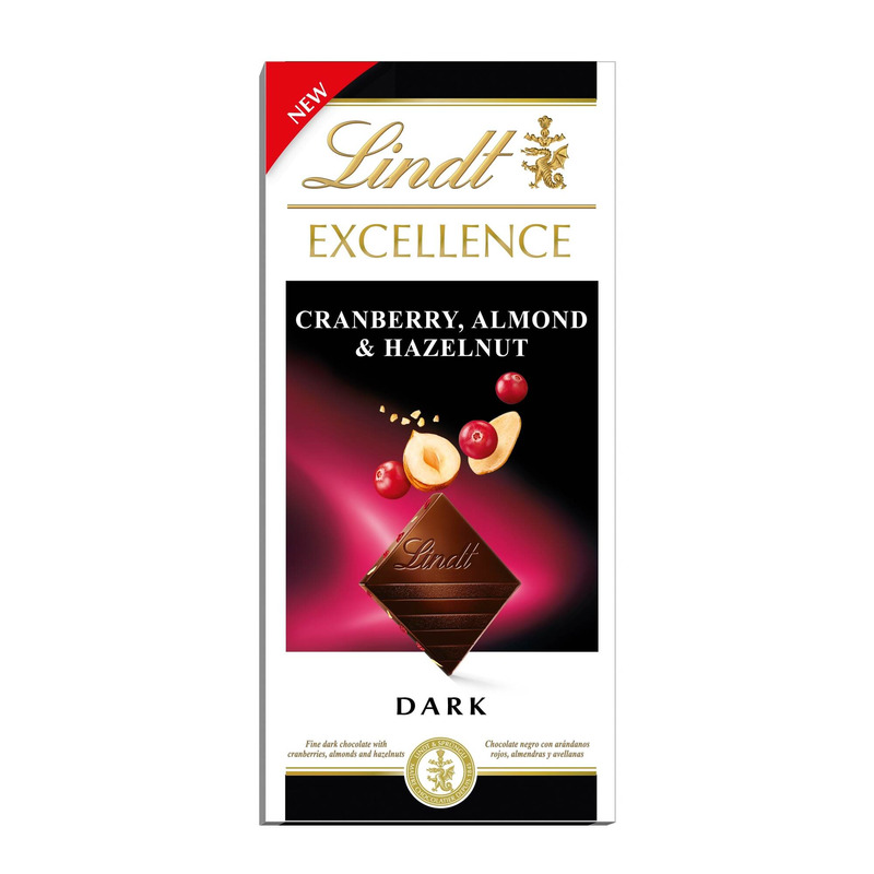 LINDT Excellence tume šokolaad jõhvika, mandli, pähkli 100g