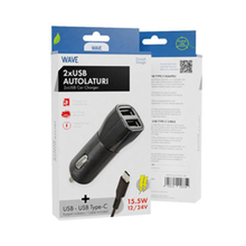 Autolaadija 2xUsb + Usb Type-C 15,5W, must