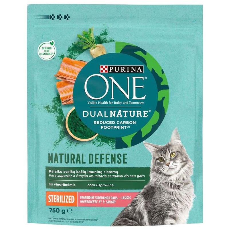 Kuiv kassitoit steriliseeritud kassidele lõhe ja spirulina, PURINA ONE,