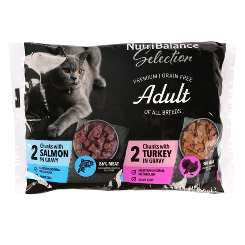 Täissööt kassidele Nutribalance Selection kalkunilihaga, lõhega 4x100g