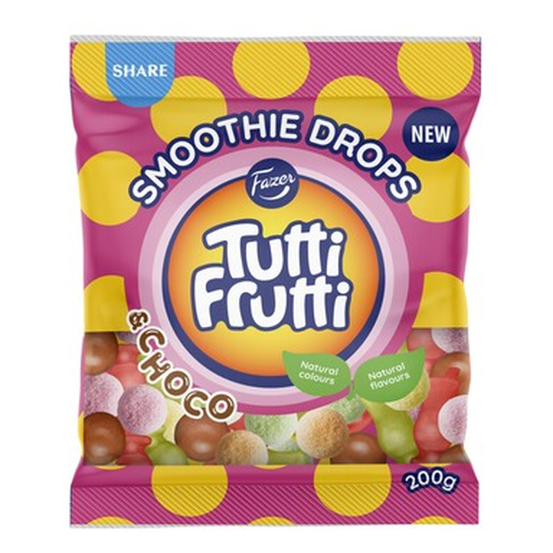 FAZER Tutti Frutti vahukommid Smoothie Drops & Choco 200g