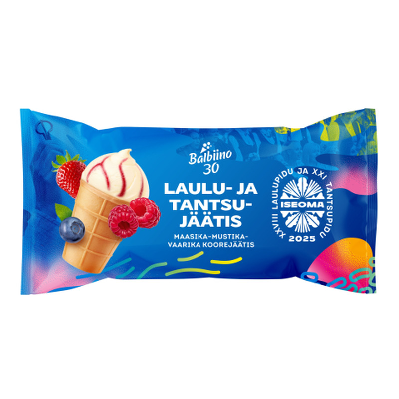 Koorejäätis maasika-mustika-vaarika vahvlitopsis Laulu- ja tantsujäätis Balbiino 65g