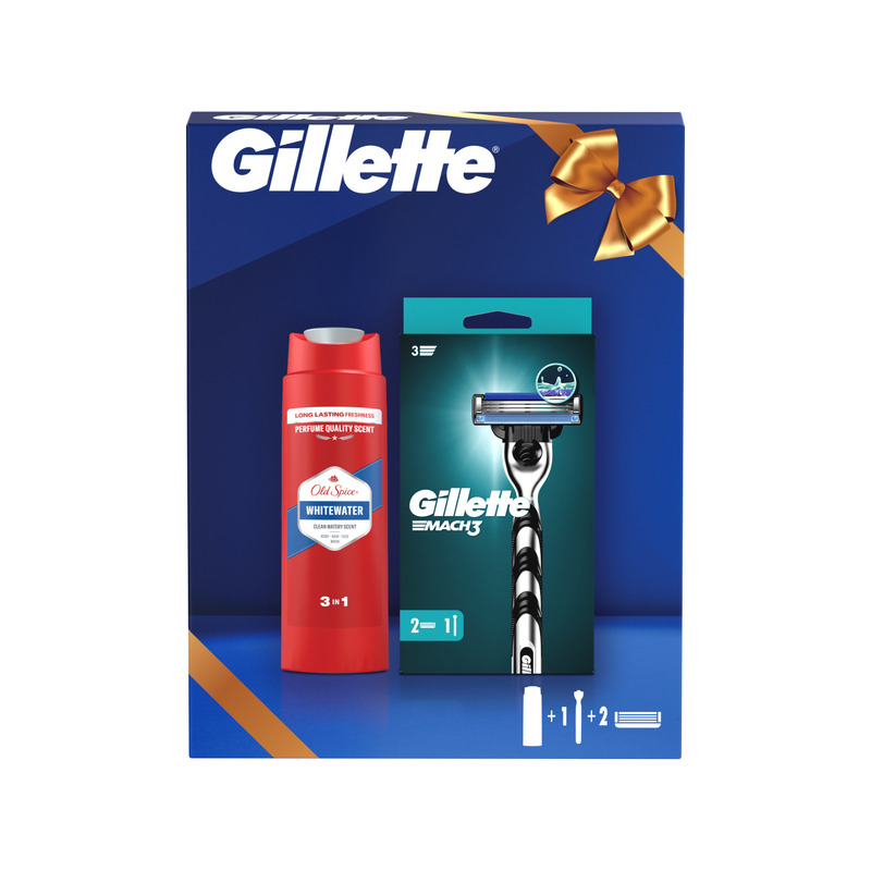 Gillette Kinkekomplekt Mach3 Raseerija + 2 Vahetustera + Old Spice Whitewater Meeste Dušigeel Ja Šampoon, 250 ml